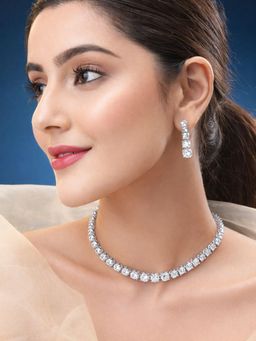 SUGARFRILL - Rhodium Plated White Cubic Zirconia Studded Necklace Set
