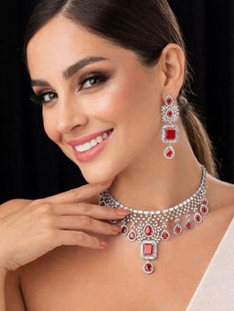 SUGARFRILL - 24K Rose Gold Plated Red Sapphire CZ Studded Premium Necklace Set