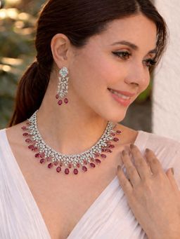SUGARFRILL - Rhodium Plated Ruby Cubic Zirconia Luxe Statement Necklace Set