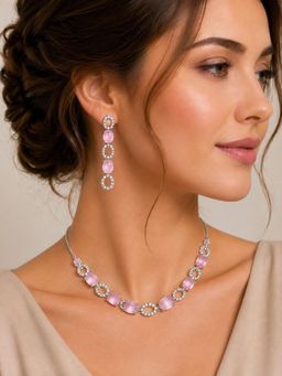 SUGARFRILL - Rhodium Plated American Diamond Pink Stone Necklace Set