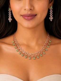 SUGARFRILL - Rose Gold Plated Mint Green Stone American Diamond Necklace Set