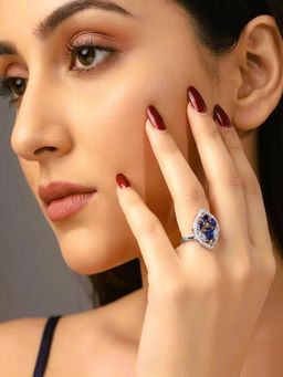 SUGARFRILL - Rhodium Plated Blue Stone Crystal Statement Ring