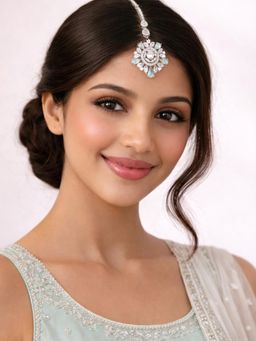 SUGARFRILL - Rhodium Plated Crystal Pastel Green Stone Floral Maang Tikka