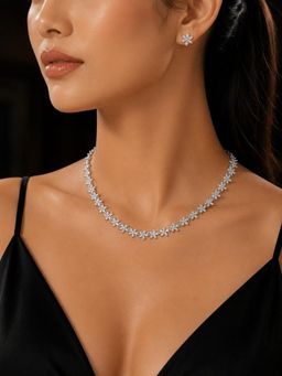 SUGARFRILL - Rhodium Plated AD Studded Floral Necklace & Earrings