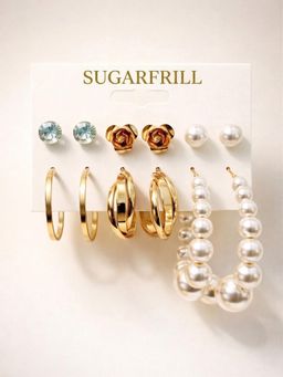 SUGARFRILL - Party Gold Plated Multi Design Pearl Hoop Stud Earrings (Pack of 6)