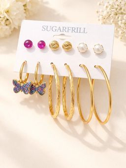 SUGARFRILL - Party Gold Plated Studs Hoops Drop Earrings (Pack of 6)