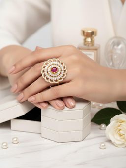 SUGARFRILL - Gold Plated American Diamond Ruby Floral Statement Ring