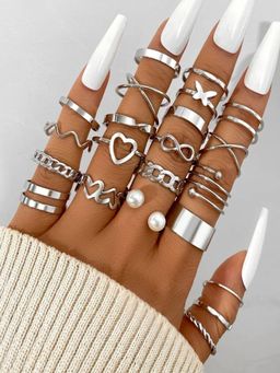 SUGARFRILL - Silver Plated Multi Design Heart Infinity Pearl Adjustable Ring (Pack of 22)