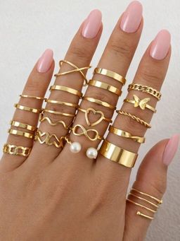 SUGARFRILL - Gold Plated Multi Design Heart Infinity Pearl Adjustable Ring (Pack of 22)