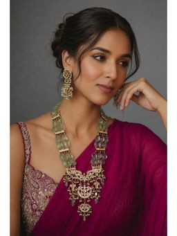 VIVINIA By Vidhi Mehra - Emerald Bead Jaipuri Kundan Long Necklace with Earrings