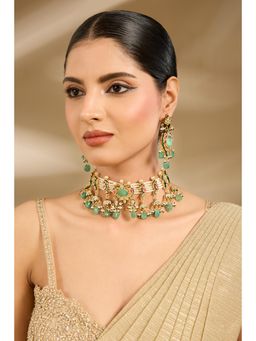 VIVINIA By Vidhi Mehra - Emerald Bead Polki Choker Necklace with Earrings