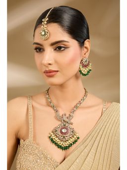 VIVINIA By Vidhi Mehra - Moissanite Polki Peacock Necklace with Earrings & Maangtikka