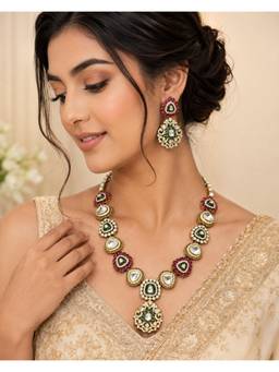VIVINIA By Vidhi Mehra - Emerald Ruby Accents Royal Moissanite Polki Necklace with Earrings