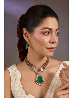 VIVINIA By Vidhi Mehra - Heirloom Green Polki Necklace with Earrings