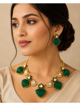 VIVINIA By Vidhi Mehra - Emerald Green Kundan Lotus Statement Necklace with Earrings