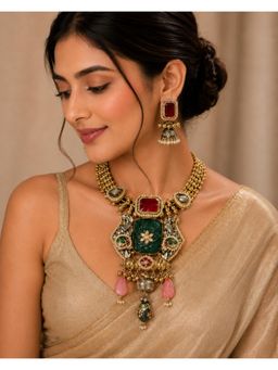 VIVINIA By Vidhi Mehra - Royal Emerald Ruby Statement Necklace with Jhumka Earrings