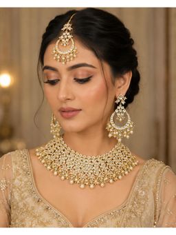 VIVINIA By Vidhi Mehra - Royal Jaipuri Pearl Floral Choker Necklace with Earrings & Maang Tikka