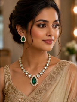 VIVINIA By Vidhi Mehra - Emerald Green Moissanite Polki Teardrop Jaipuri Kundan Necklace Set