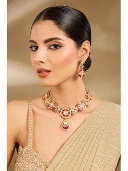 VIVINIA By Vidhi Mehra - Red Floral Polki Necklace Set