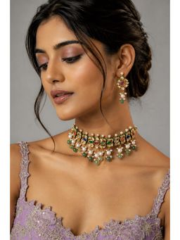VIVINIA By Vidhi Mehra - Pearls & Green Beads Navratna Jaipuri Kundan Choker Necklace Set