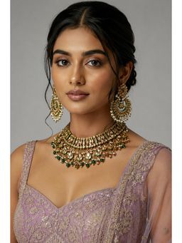VIVINIA By Vidhi Mehra - Emerald Green Jaipuri Kundan Pearl Bridal Choker Necklace with Earrings