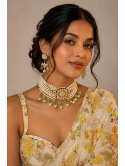 VIVINIA By Vidhi Mehra - Pastel Green Stone Drops Floral Pearl Jaipuri Kundan Choker Necklace Set