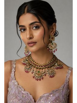 VIVINIA By Vidhi Mehra - Royal Jaipuri Kundan Ruby Green Choker Necklace & Statement Earrings