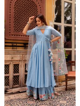 POMCHA - Gaurangi Powder Blue Cotton Lehenga with Angrakha Kurta and Dupatta (Set of 3)