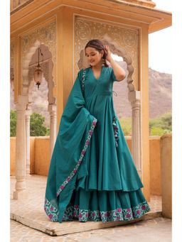 POMCHA - Gaurangi Teal Green Angrakha Kurta with Lehenga and Dupatta (Set of 3)