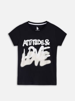 Lil Tomatoes - Girls Black Half Sleeves Typography Cotton T-Shirt