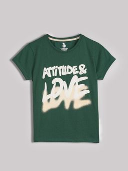 Lil Tomatoes - Girls Green Half Sleeves Typography Cotton T-Shirt