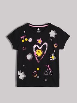 Lil Tomatoes - Girls Black Half Sleeves Graphic Cotton T-Shirt