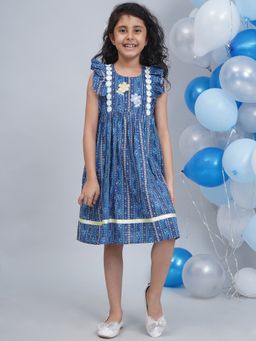 Little Bansi - Girls Blue Cotton Frill Sleeves Floral Striped Printed Frock