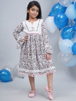Little Bansi - Girls White Cotton Bell Sleeves Floral Printed Frock