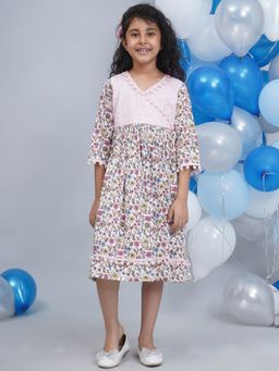 Little Bansi - Girls Pink Cotton Three Fourth Sleeves Floral Printed Frock