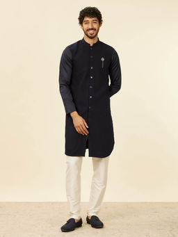 Manyavar - Dark Blue Blended Rayon Embroidery Zari Weave Kurta for Men