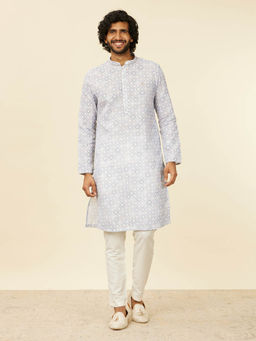 Manyavar - Light Grey Blended Cotton Printed Kurta for Men
