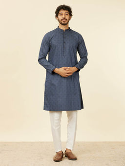Manyavar - Dark Blue Cotton Printed Kurta for Men