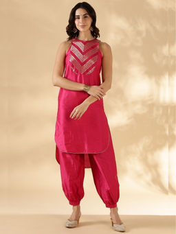 Abhishti - Banarasi Zari Yoke High Low Fuchsia Pink Kurta with Pathani Salwar