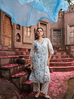 Aravalii - Blue Serenade Angrakha Kurta with Pant and Dupatta