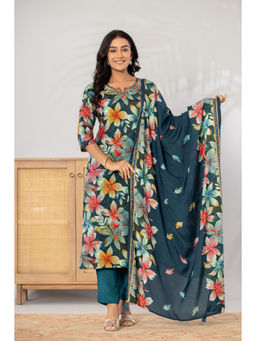 Vbuyz - Women Teal Printed and Embroidered Straight Kurta with Pant and Dupatta