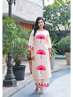 Vbuyz - Women Peach Printed Straight Cotton Stitched Kurta with Palazzo