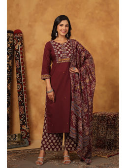 PIROH - Women Wine Cotton Straight Kurta with Palazzo & Dupatta