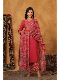 PIROH - Women Pink Cotton Straight Kurta with Palazzo & Dupatta