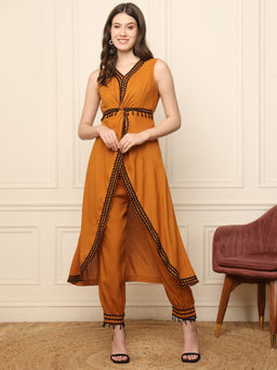 Deebaco - Brown High Low Twisted Tunic Indo Western Women Co-Ord Set