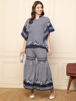 Deebaco - Blue Stripe Kaftan With Sharara Women Co-Ord Set