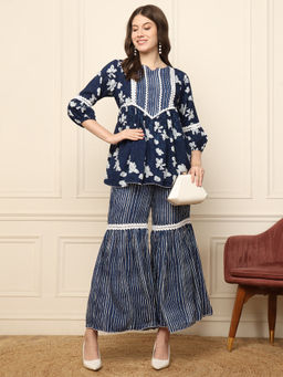Deebaco - Indigo Printed Peplum Kurti With Sharara Women Co-Ord Set