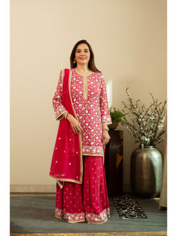 House of Inari - Heer Carmine Red Parsi Bird Aari Embroidery Kurta with Sharara and Dupatta