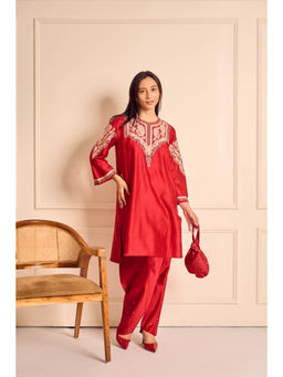House of Inari - Rubani Red Applique Mirror Work Kurta with Pant and Potli Bag