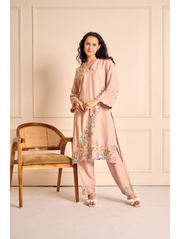 House of Inari - Saanjh Bloom Pink Linen Embroidered Kurta with Pant Co-Ord
